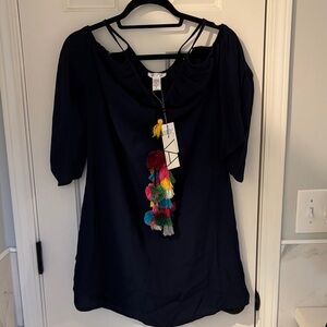 Navy Blue Women's Off the Shoulder Dress with Colorful Tassels